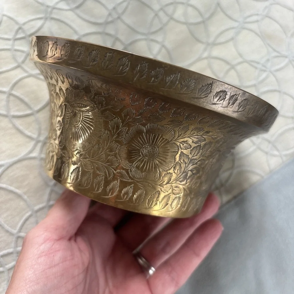 Vintage MCM Etched Brass Bowl Planter Trinket Dish Nice Patina 2.5